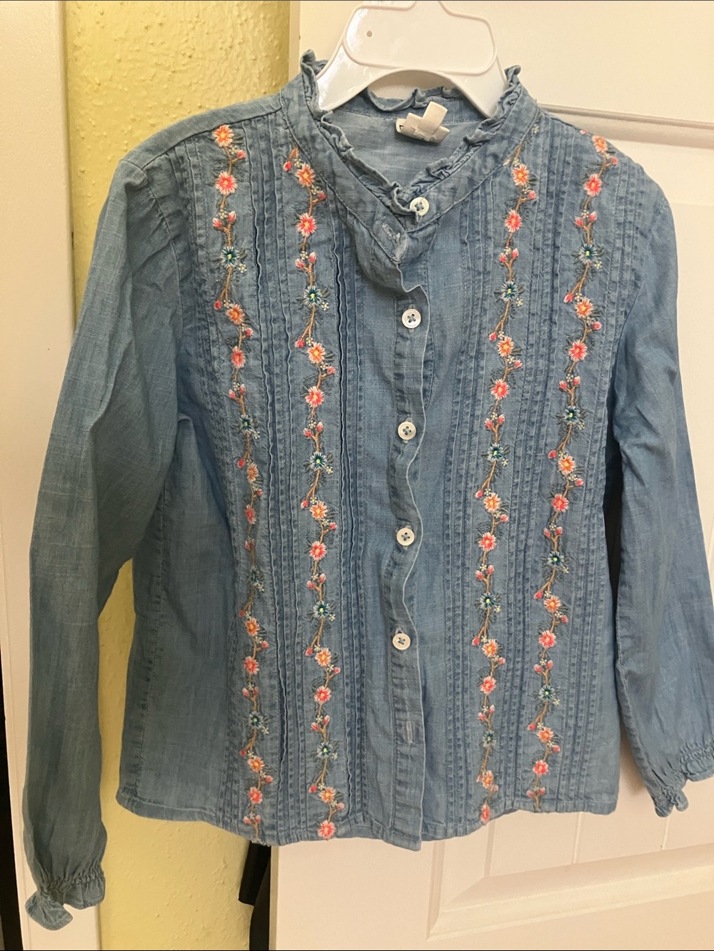 Bonton Light Blue Denim Jacket with Pink & Green Floral Embroidery